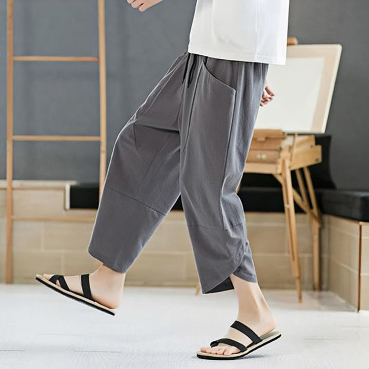 Buddha Stones Letnie Męskie Jednokolorowe Spodnie Bawełniane Lniane Ściągane Sznurkiem Z Kieszeniami O Długości 7-8