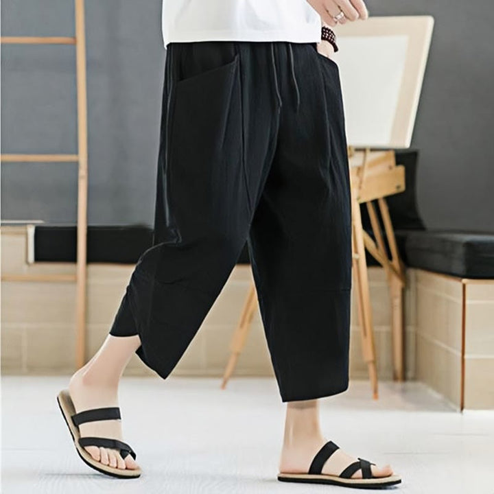 Buddha Stones Letnie Męskie Jednokolorowe Spodnie Bawełniane Lniane Ściągane Sznurkiem Z Kieszeniami O Długości 7-8