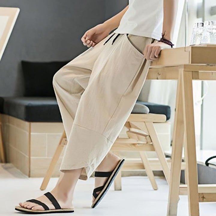 Buddha Stones Letnie Męskie Jednokolorowe Spodnie Bawełniane Lniane Ściągane Sznurkiem Z Kieszeniami O Długości 7-8