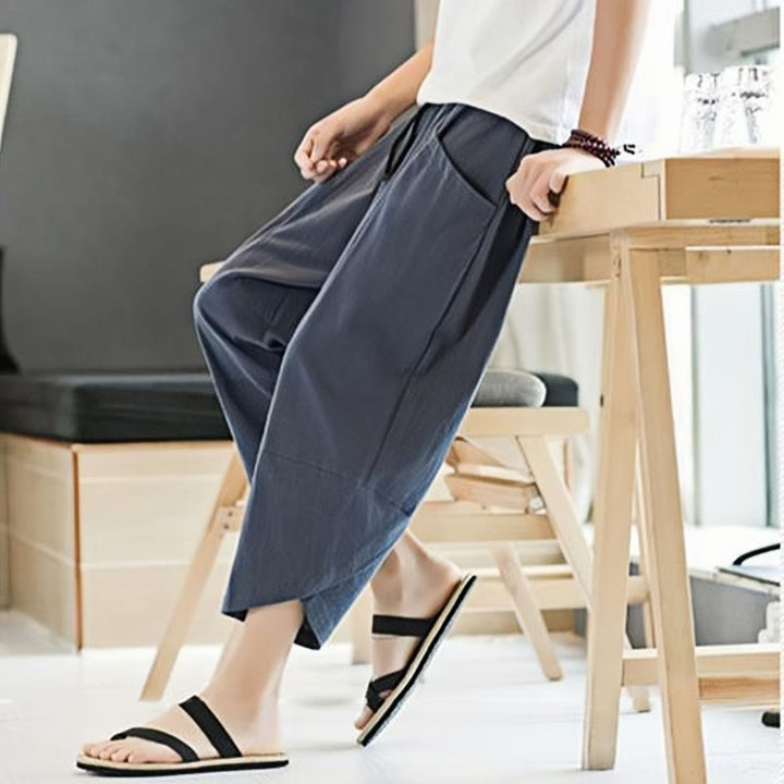 Buddha Stones Letnie Męskie Jednokolorowe Spodnie Bawełniane Lniane Ściągane Sznurkiem Z Kieszeniami O Długości 7-8