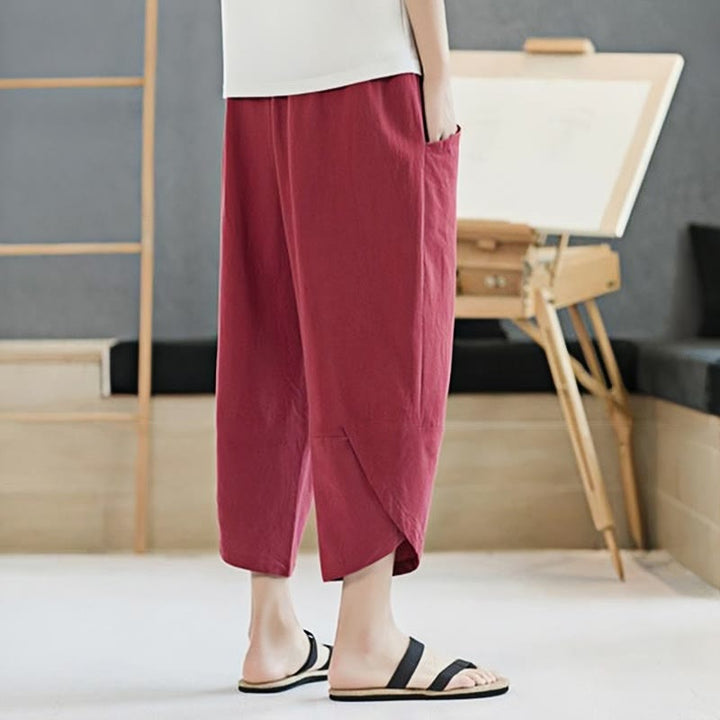 Buddha Stones Letnie Męskie Jednokolorowe Spodnie Bawełniane Lniane Ściągane Sznurkiem Z Kieszeniami O Długości 7-8