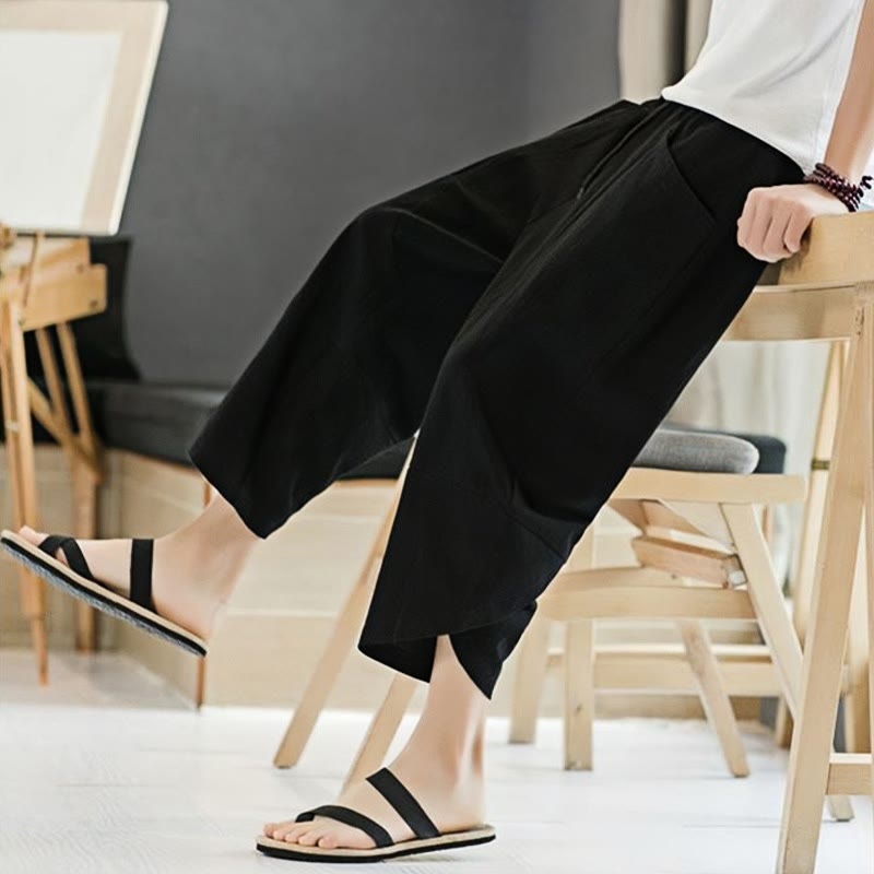 Buddha Stones Letnie Męskie Jednokolorowe Spodnie Bawełniane Lniane Ściągane Sznurkiem Z Kieszeniami O Długości 7-8