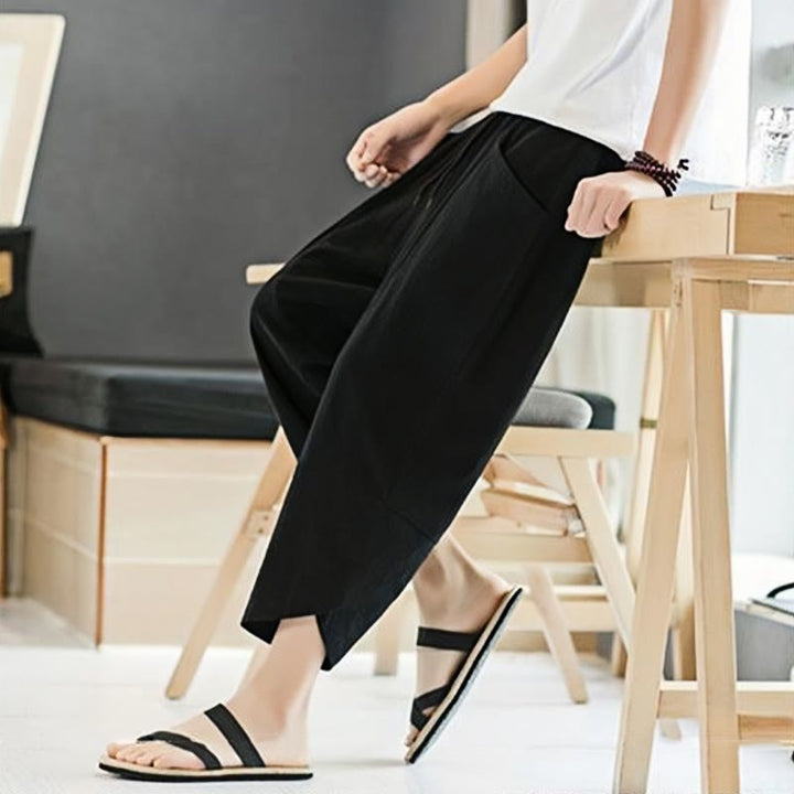 Buddha Stones Letnie Męskie Jednokolorowe Spodnie Bawełniane Lniane Ściągane Sznurkiem Z Kieszeniami O Długości 7-8