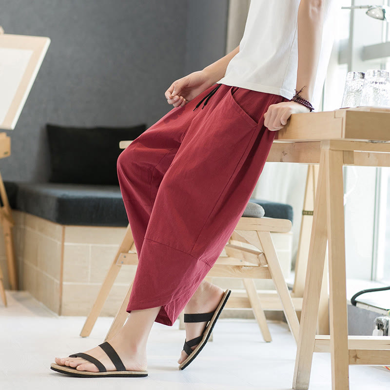 Buddha Stones Letnie Męskie Jednokolorowe Spodnie Bawełniane Lniane Ściągane Sznurkiem Z Kieszeniami O Długości 7-8