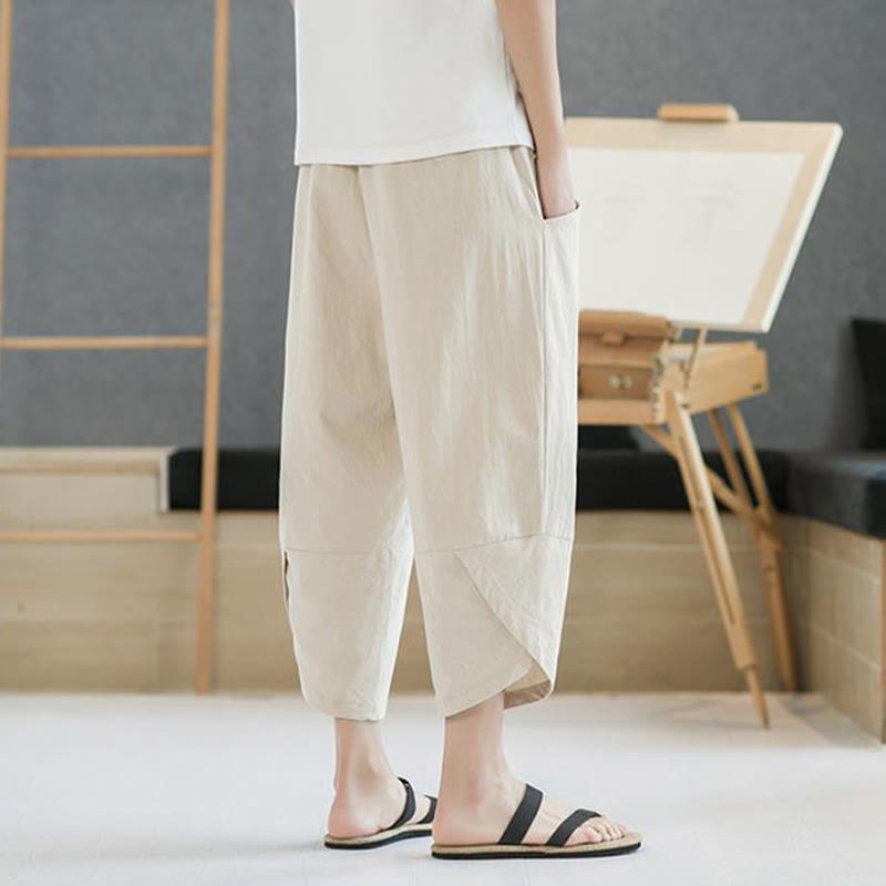 Buddha Stones Letnie Męskie Jednokolorowe Spodnie Bawełniane Lniane Ściągane Sznurkiem Z Kieszeniami O Długości 7-8