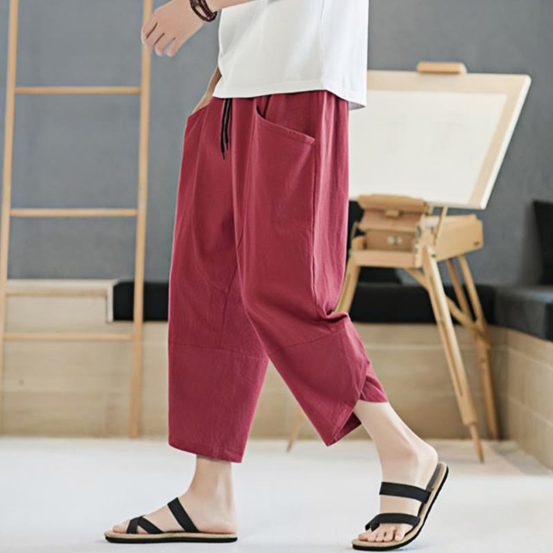 Buddha Stones Letnie Męskie Jednokolorowe Spodnie Bawełniane Lniane Ściągane Sznurkiem Z Kieszeniami O Długości 7-8