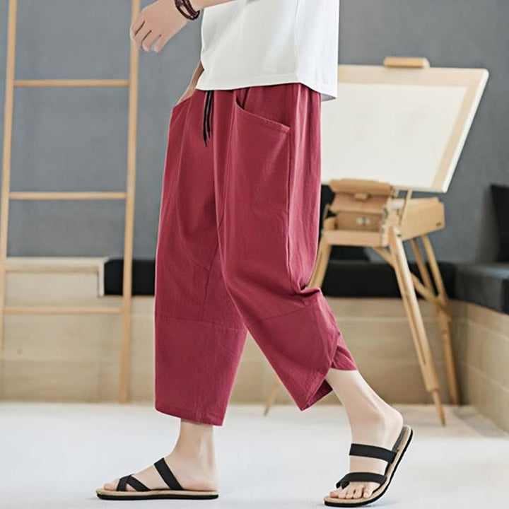 Buddha Stones Letnie Męskie Jednokolorowe Spodnie Bawełniane Lniane Ściągane Sznurkiem Z Kieszeniami O Długości 7-8