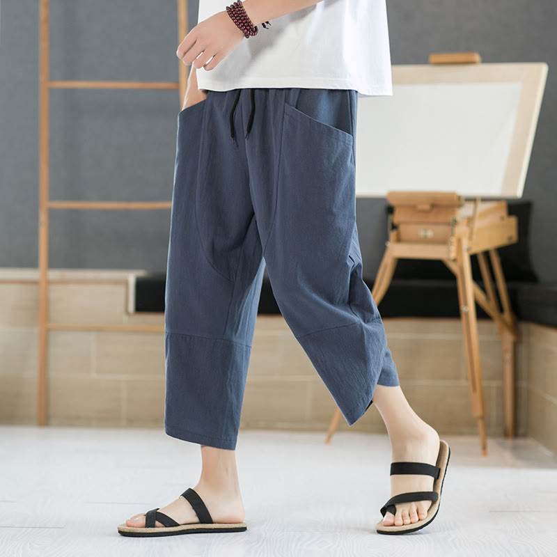 Buddha Stones Letnie Męskie Jednokolorowe Spodnie Bawełniane Lniane Ściągane Sznurkiem Z Kieszeniami O Długości 7-8