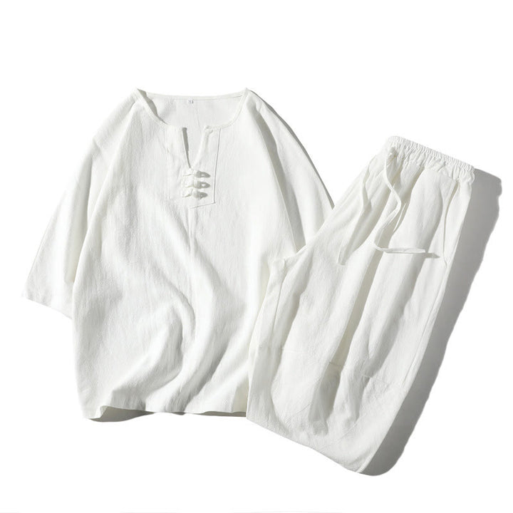 Buddha Stones 2 szt. T-shirt z prostym kołnierzykiem i wycięciem, szorty z szerokimi nogawkami i kieszeniami, bawełniano-lniany, męski zestaw do medytacji