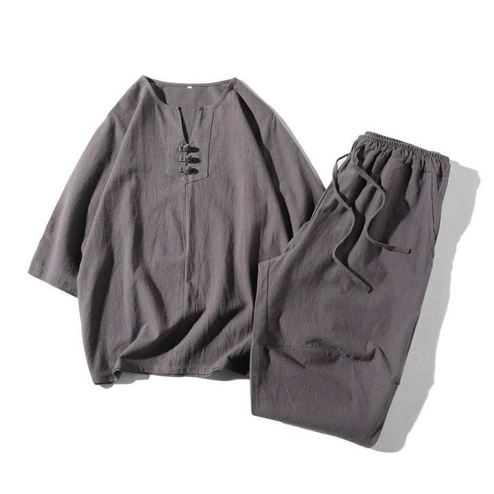 Buddha Stones 2 szt. T-shirt z prostym kołnierzykiem i wycięciem, szorty z szerokimi nogawkami i kieszeniami, bawełniano-lniany, męski zestaw do medytacji
