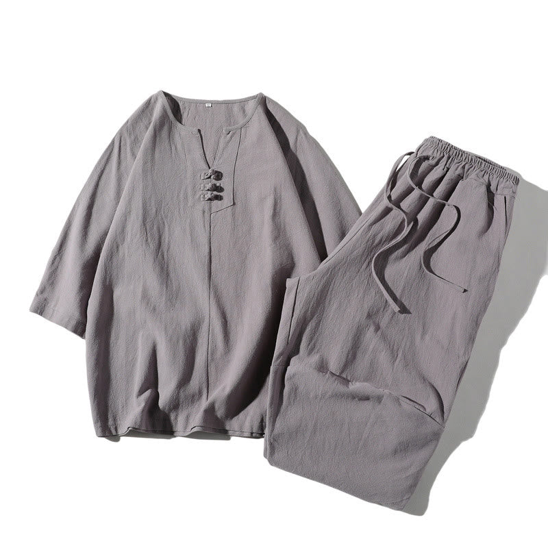 Buddha Stones 2 szt. T-shirt z prostym kołnierzykiem i wycięciem, szorty z szerokimi nogawkami i kieszeniami, bawełniano-lniany, męski zestaw do medytacji