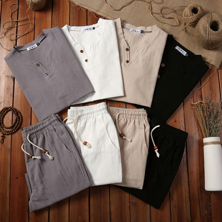 Buddha Stones, 2 sztuki, koszulka z krótkim rękawem i kieszeniami, gładka, z karbowanym kołnierzykiem, bawełniano-lniany zestaw do medytacji dla mężczyzn - image 19