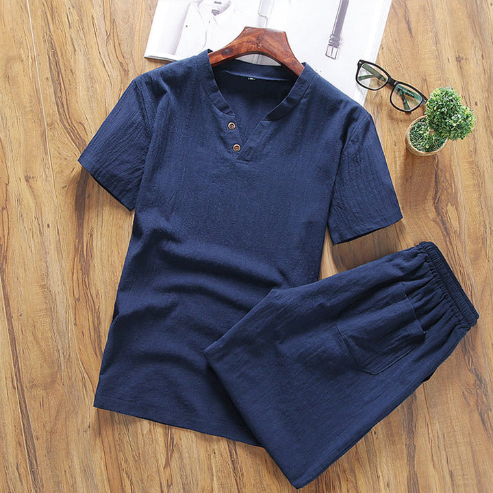 Buddha Stones, swobodny, 2-częściowy T-shirt z prostym rękawem i kieszeniami, męski, bawełniano-lniany zestaw do medytacji - MidnightBlue - US/UK/AU46， EU56 (5XL) - image 9