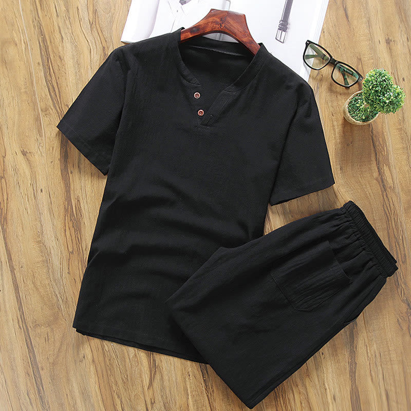 Buddha Stones, swobodny, 2-częściowy T-shirt z prostym rękawem i kieszeniami, męski zestaw do medytacji - Czarny - US/UK/AU46， EU56 (5XL) - image 6