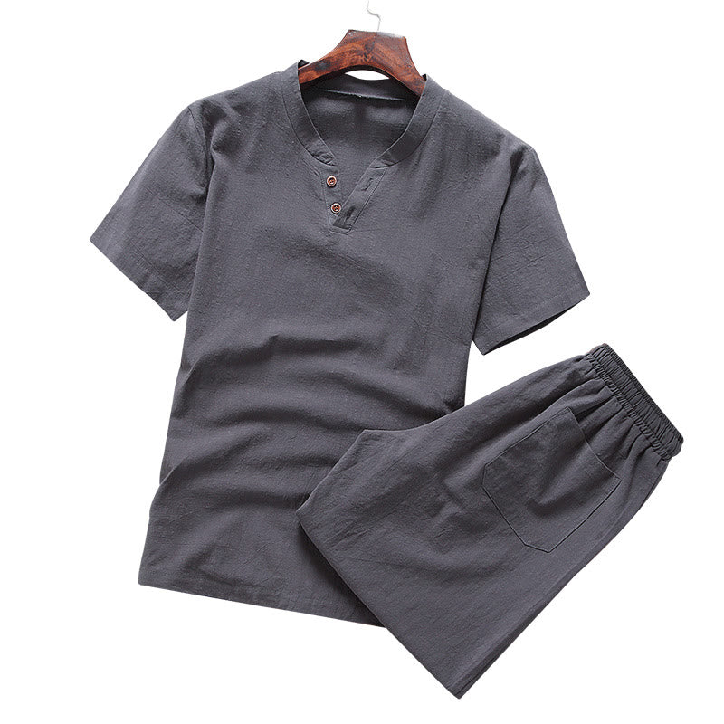 Buddha Stones, swobodny, 2-częściowy T-shirt z prostym rękawem i kieszeniami, męski, bawełniano-lniany zestaw do medytacji - image 7