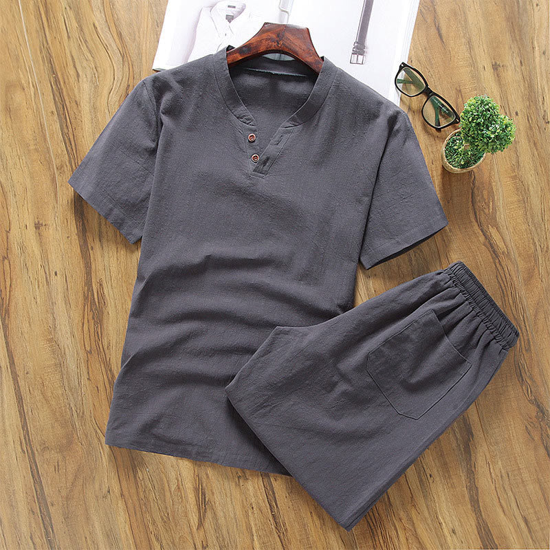 Buddha Stones, swobodny, 2-częściowy T-shirt z prostym rękawem i kieszeniami, męski, bawełniano-lniany zestaw do medytacji - DimGray - US/UK/AU46， EU56 (5XL) - image 5