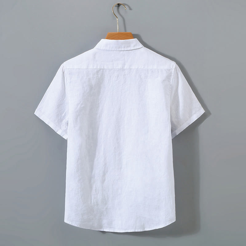 Koszula męska z krótkim rękawem i kieszenią, letnia, casualowa, z bawełny, w jednolitym kolorze, z guzikami i Buddha Stones - image 5