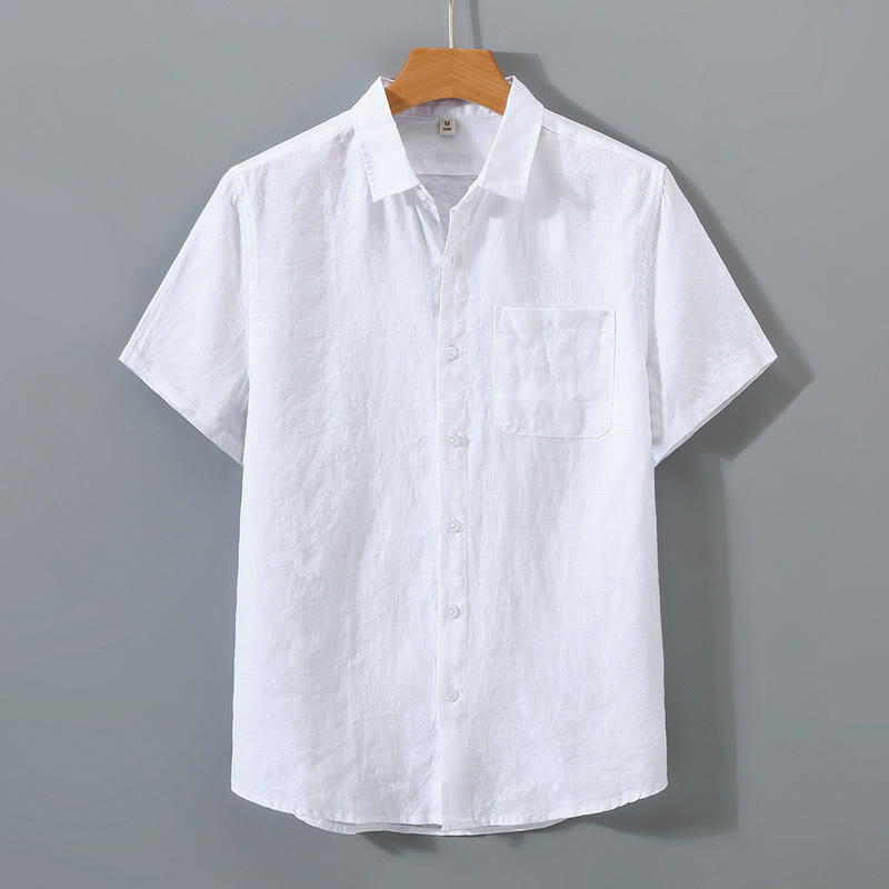 Koszula męska z krótkim rękawem i kieszenią, letnia, casualowa, z bawełny, w jednolitym kolorze, z guzikami i Buddha Stones - Biały - US/UK/AU42，EU52 (4XL) - image 4
