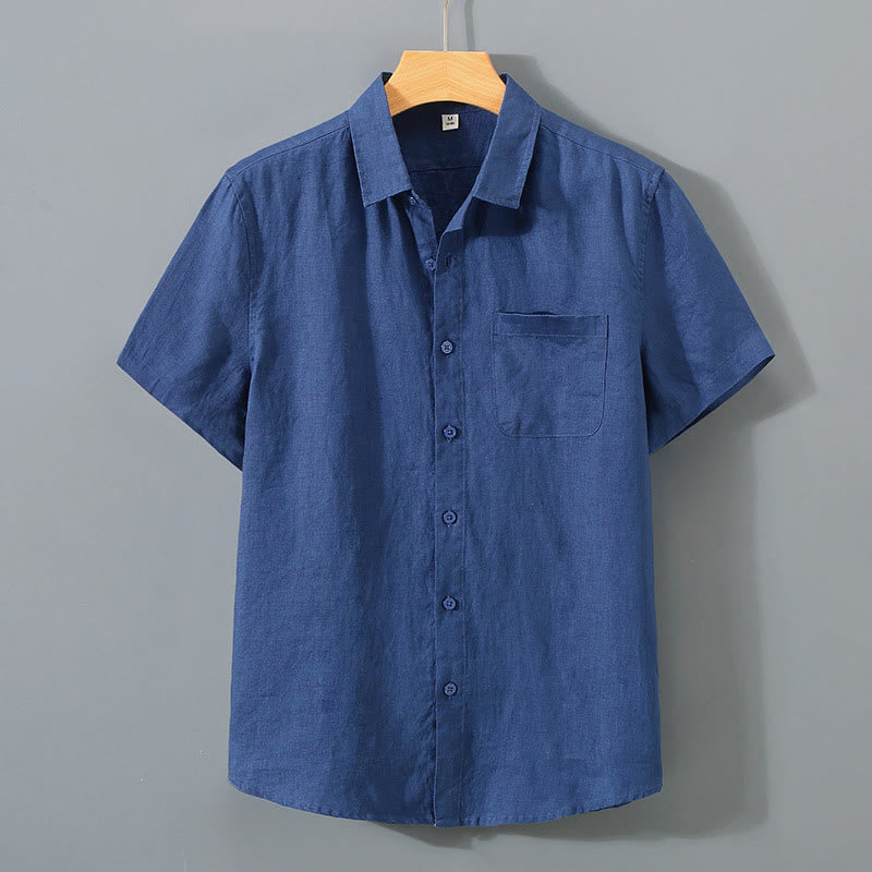 Koszula męska z krótkim rękawem i kieszenią, letnia, casualowa, z bawełny, w jednolitym kolorze, z guzikami i Buddha Stones - MidnightBlue - US/UK/AU44， EU54 (4XL) - image 9