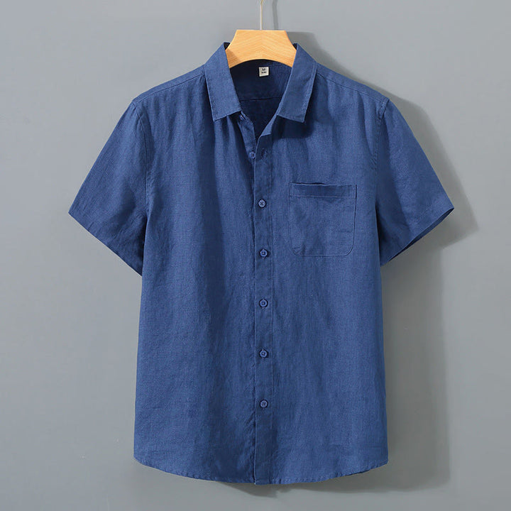 Koszula męska z krótkim rękawem i kieszenią, letnia, casualowa, z bawełny, w jednolitym kolorze, z guzikami i Buddha Stones - MidnightBlue - US/UK/AU44， EU54 (4XL) - image 9