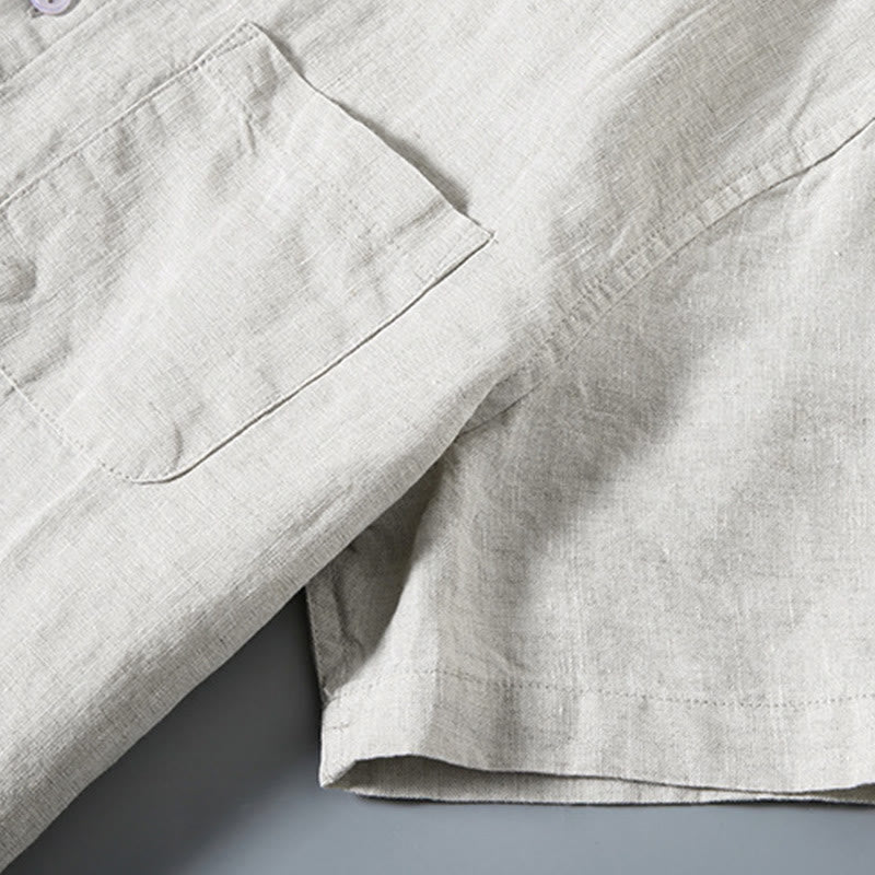 Koszula męska z krótkim rękawem i kieszenią, letnia, casualowa, z bawełny, w jednolitym kolorze, z guzikami i Buddha Stones - image 2