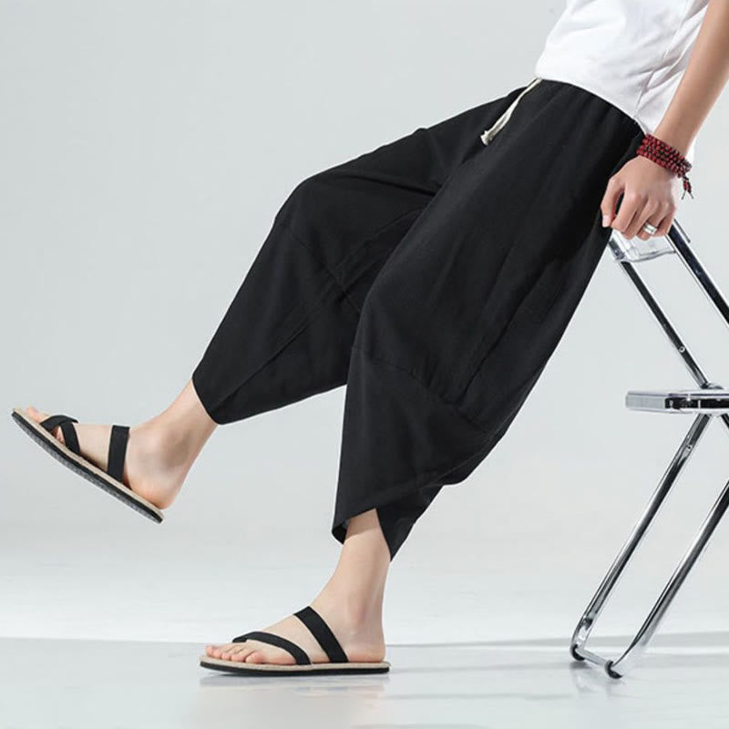 Buddha Stones Prosty Prosty Design Ściągacz 7-8 Długość Lniane Męskie Spodnie Harem Z Kieszeniami - image 12