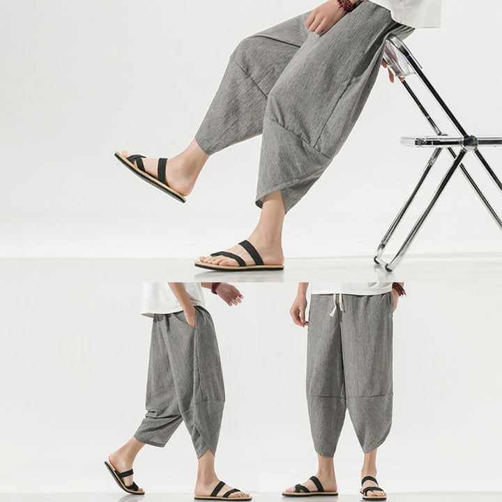 Buddha Stones Prosty Prosty Design Ściągacz 7-8 Długość Lniane Męskie Spodnie Harem Z Kieszeniami - image 5