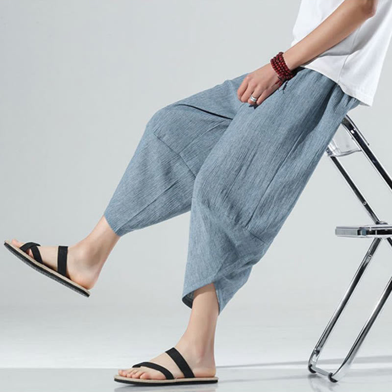 Buddha Stones Prosty Prosty Design Ściągacz 7-8 Długość Lniane Męskie Spodnie Harem Z Kieszeniami - image 19