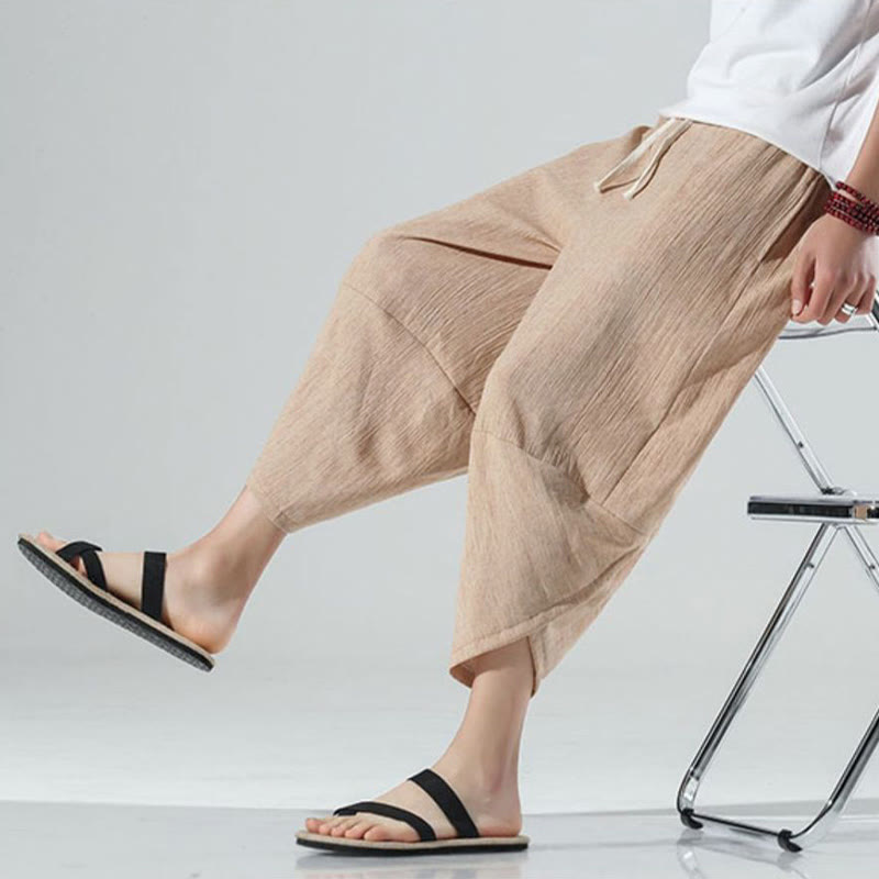 Buddha Stones Prosty Prosty Design Ściągacz 7-8 Długość Lniane Męskie Spodnie Harem Z Kieszeniami - image 33