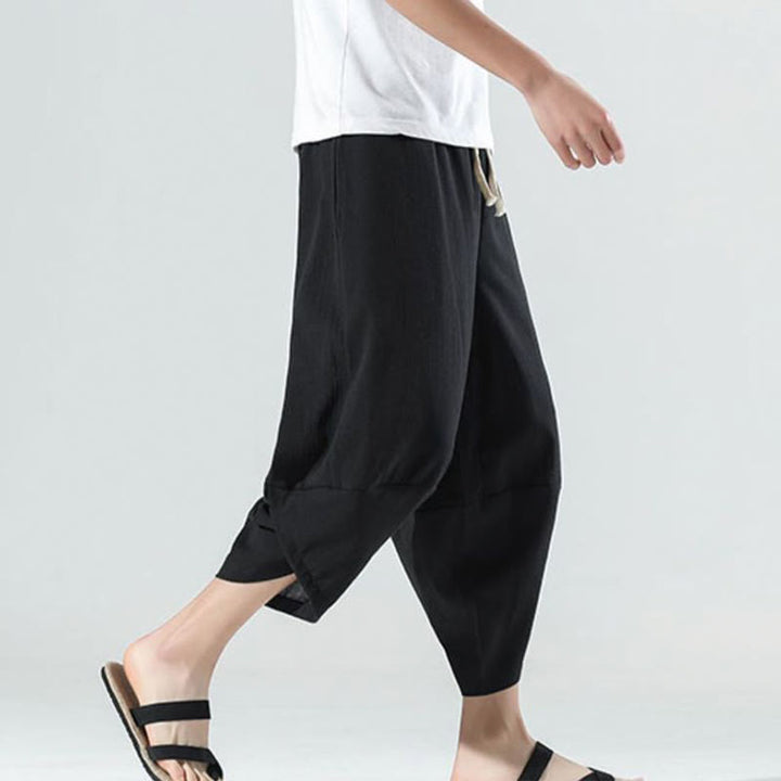 Buddha Stones Prosty Prosty Design Ściągacz 7-8 Długość Lniane Męskie Spodnie Harem Z Kieszeniami - image 11