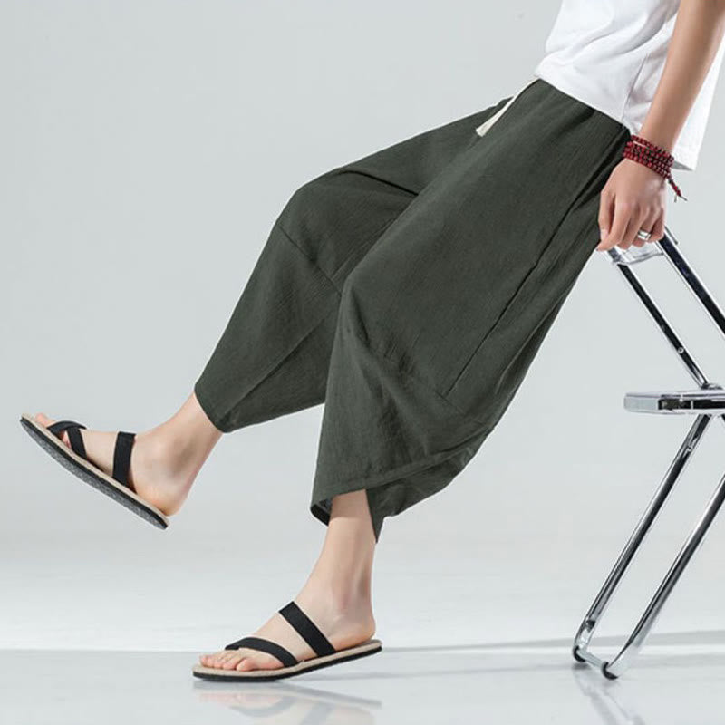 Buddha Stones Prosty Prosty Design Ściągacz 7-8 Długość Lniane Męskie Spodnie Harem Z Kieszeniami - image 26