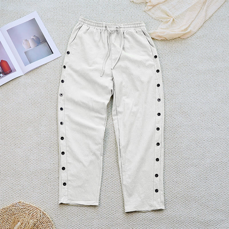 Buddha Stones Letnie Proste Patchworkowe Wzory Ściągacz Bawełna Len Spodnie Damskie Z Kieszeniami - image 1