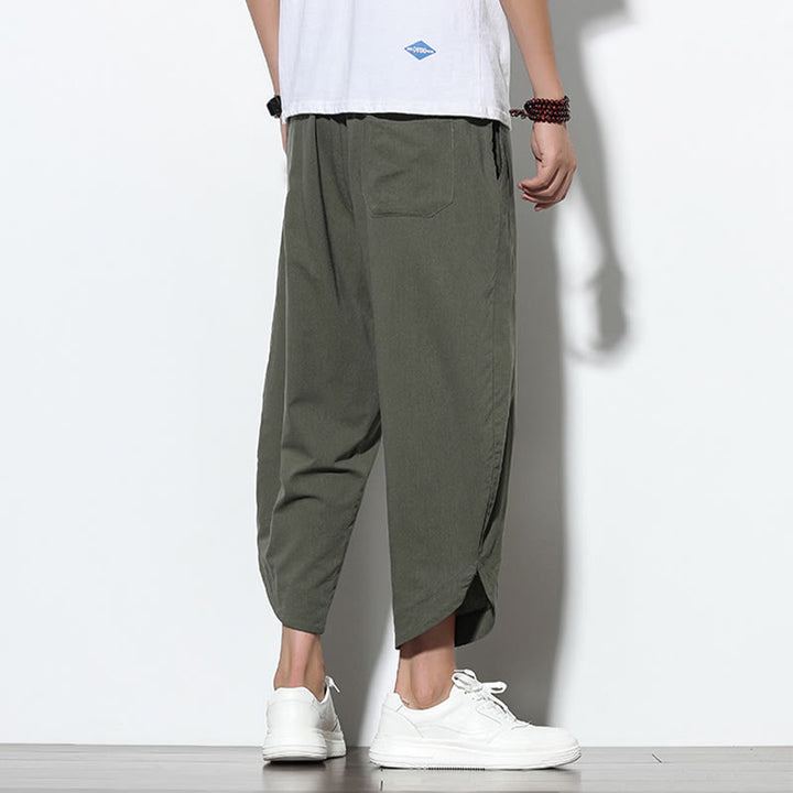 Buddha Stones Casual Letnie Spodnie Harem Męskie Z Sznurkiem Ściąganym 7-8 Długość Lniane Z Kieszeniami