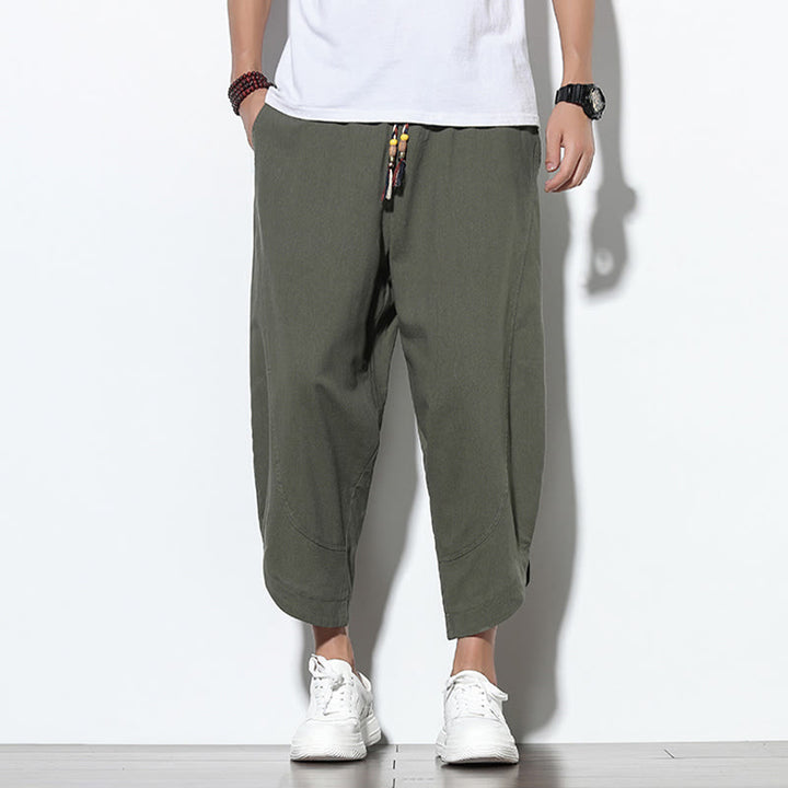 Buddha Stones Casual Letnie Spodnie Harem Męskie Z Sznurkiem Ściąganym 7-8 Długość Lniane Z Kieszeniami