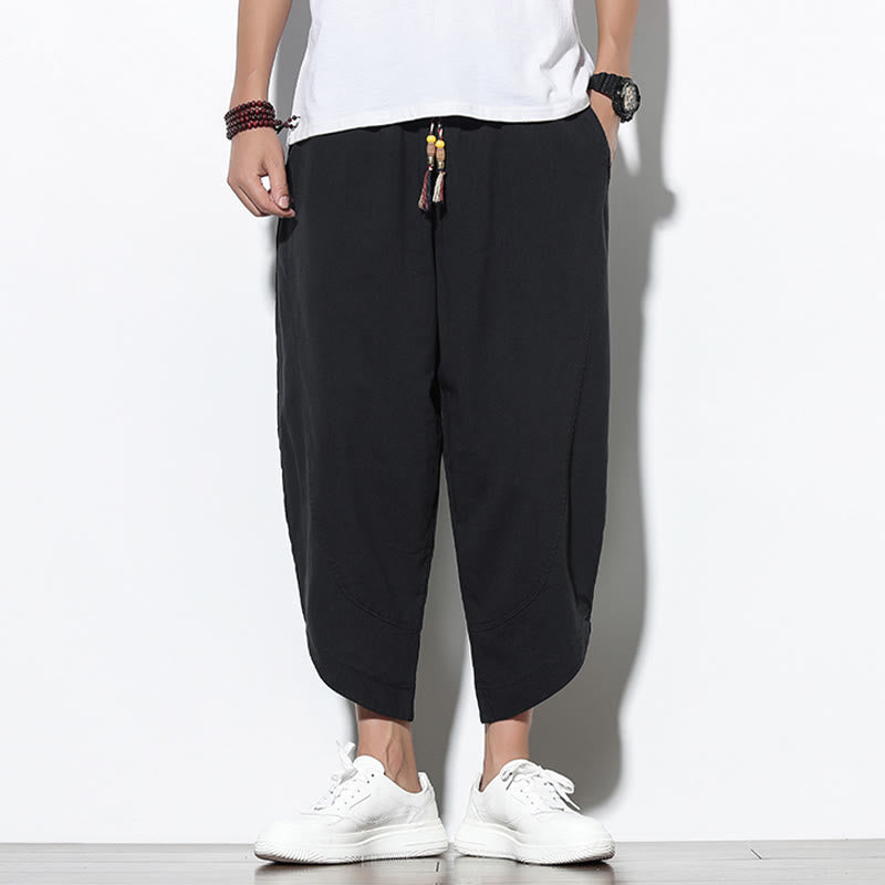 Buddha Stones Casual Letnie Spodnie Harem Męskie Z Sznurkiem Ściąganym 7-8 Długość Lniane Z Kieszeniami