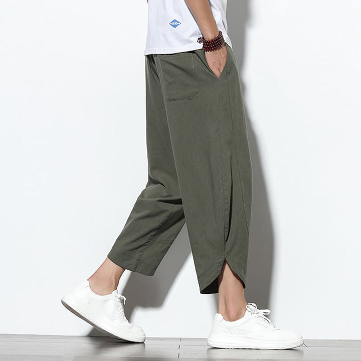 Buddha Stones Casual Letnie Spodnie Harem Męskie Z Sznurkiem Ściąganym 7-8 Długość Lniane Z Kieszeniami