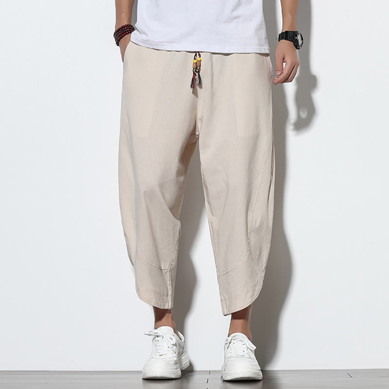 Buddha Stones Casual Letnie Spodnie Harem Męskie Z Sznurkiem Ściąganym 7-8 Długość Lniane Z Kieszeniami