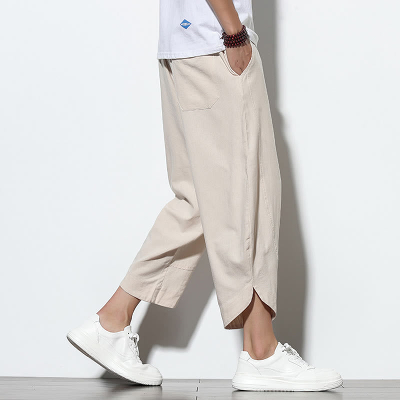 Buddha Stones Casual Letnie Spodnie Harem Męskie Z Sznurkiem Ściąganym 7-8 Długość Lniane Z Kieszeniami - image 15