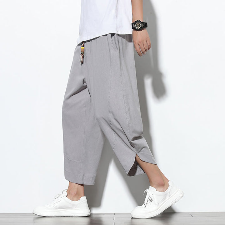 Buddha Stones Casual Letnie Spodnie Harem Męskie Z Sznurkiem Ściąganym 7-8 Długość Lniane Z Kieszeniami