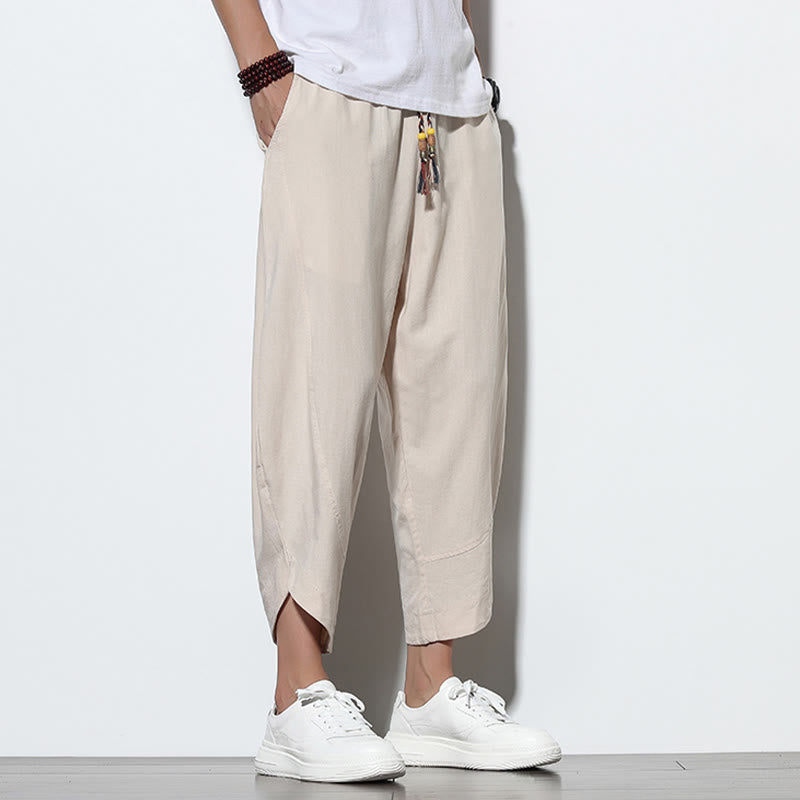 Buddha Stones Casual Letnie Spodnie Harem Męskie Z Sznurkiem Ściąganym 7-8 Długość Lniane Z Kieszeniami