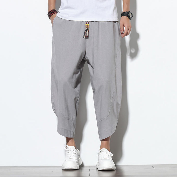 Buddha Stones Casual Letnie Spodnie Harem Męskie Z Sznurkiem Ściąganym 7-8 Długość Lniane Z Kieszeniami - image 2