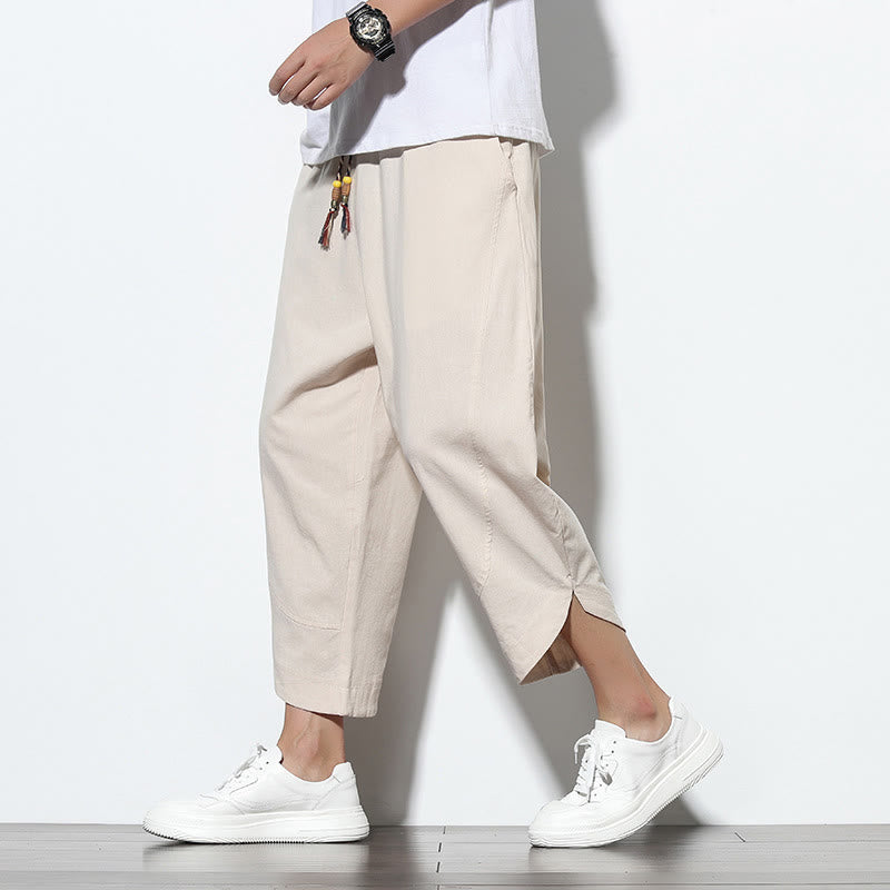 Buddha Stones Casual Letnie Spodnie Harem Męskie Z Sznurkiem Ściąganym 7-8 Długość Lniane Z Kieszeniami