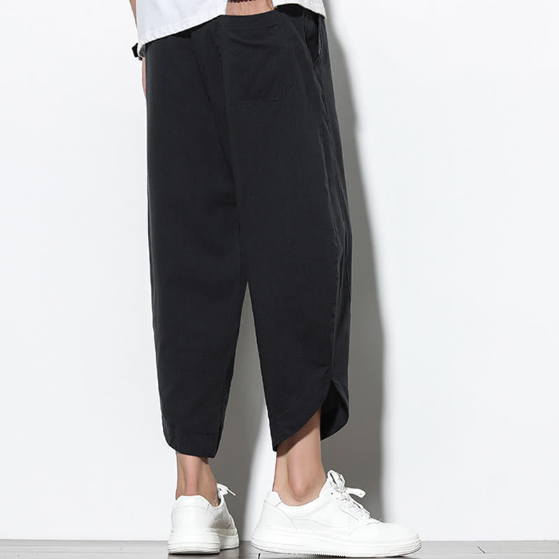 Buddha Stones Casual Letnie Spodnie Harem Męskie Z Sznurkiem Ściąganym 7-8 Długość Lniane Z Kieszeniami