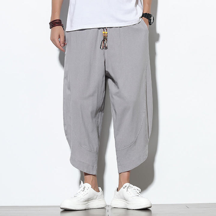 Buddha Stones Casual Letnie Spodnie Harem Męskie Z Sznurkiem Ściąganym 7-8 Długość Lniane Z Kieszeniami