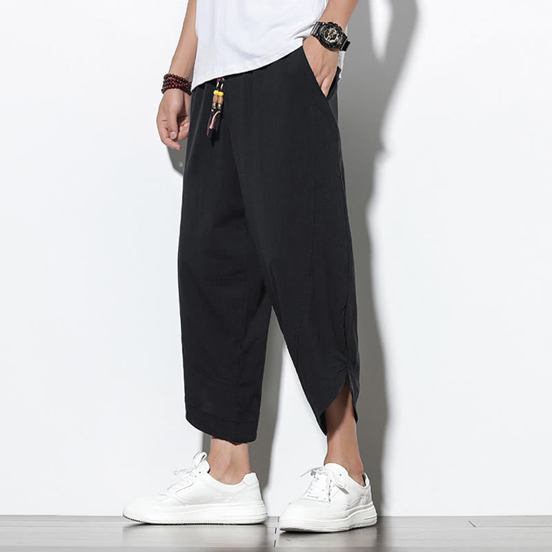 Buddha Stones Casual Letnie Spodnie Harem Męskie Z Sznurkiem Ściąganym 7-8 Długość Lniane Z Kieszeniami