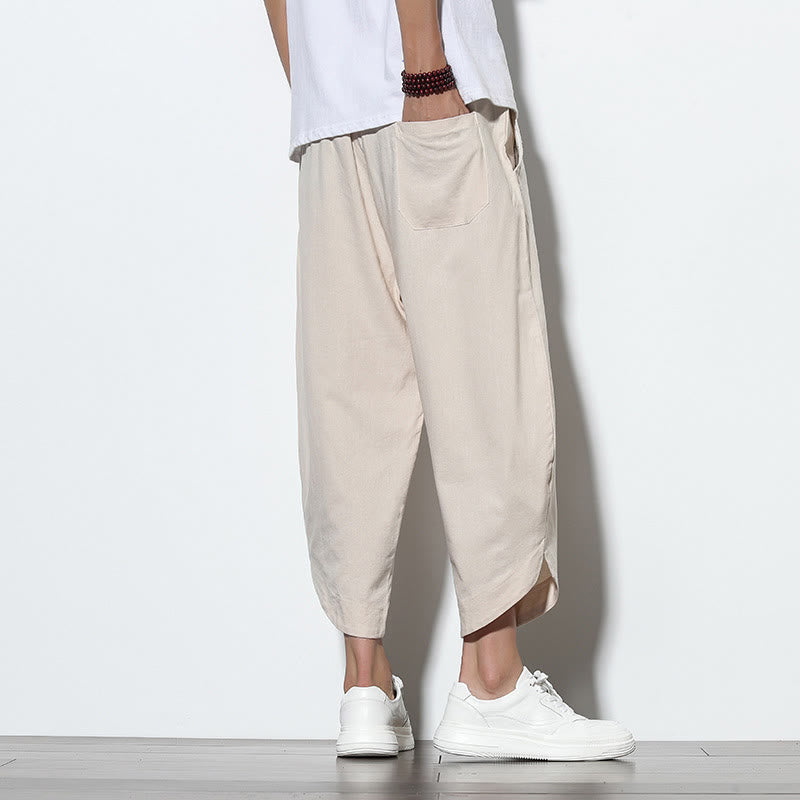 Buddha Stones Casual Letnie Spodnie Harem Męskie Z Sznurkiem Ściąganym 7-8 Długość Lniane Z Kieszeniami - image 13