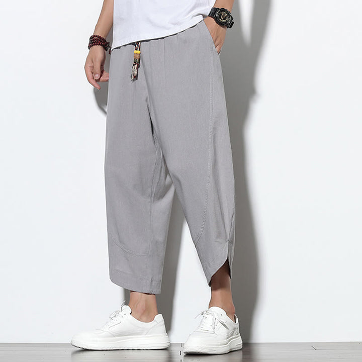 Buddha Stones Casual Letnie Spodnie Harem Męskie Z Sznurkiem Ściąganym 7-8 Długość Lniane Z Kieszeniami