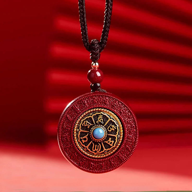 Buddha Stones Naturalny Cynober Om Mani Padme Hum Obrotowy Pismo Yin Yang Wzór Błogosławieństwo Naszyjnik Wisiorek Sznurkowy - image 1