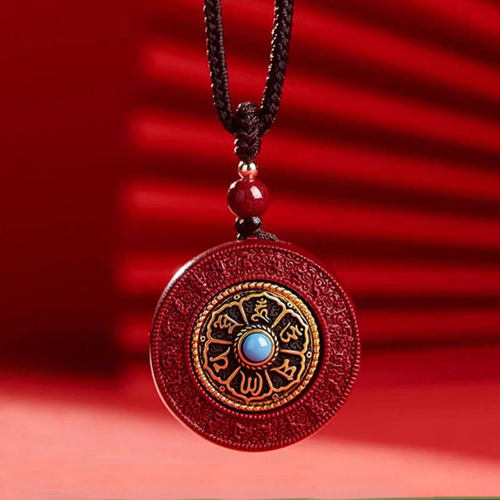 Buddha Stones Naturalny Cynober Om Mani Padme Hum Obrotowy Pismo Yin Yang Wzór Błogosławieństwo Naszyjnik Wisiorek Sznurkowy - image 1
