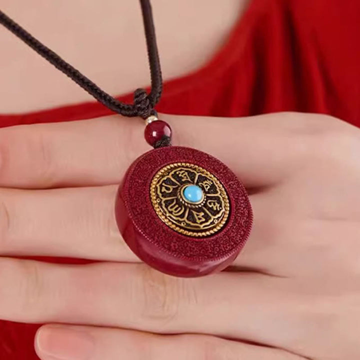 Buddha Stones Naturalny Cynober Om Mani Padme Hum Obrotowy Pismo Yin Yang Wzór Błogosławieństwo Naszyjnik Wisiorek Sznurkowy - image 2